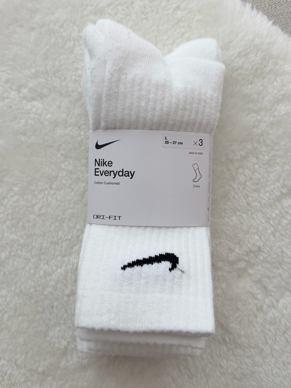 Nike Everyday Dri-FIT Crew Socks - White (3 Pack) Large